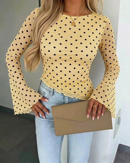 Damen Transparente Mesh-Polka‑Dot-Bluse mit taillierter Passform und Glockenärmeln Shop Nory