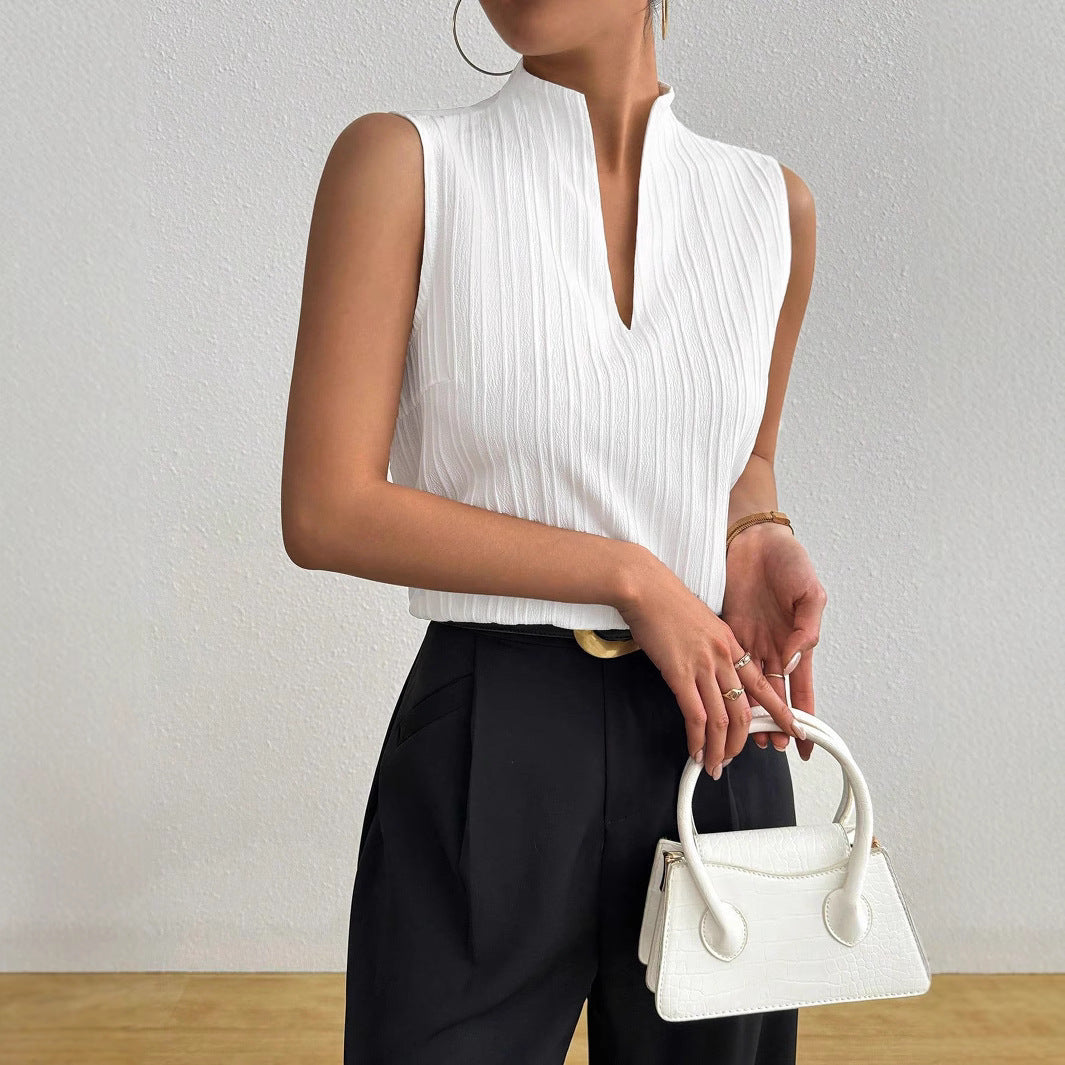 Damen Elegantes Top mit Stehkragen und feinen Plisseefalten