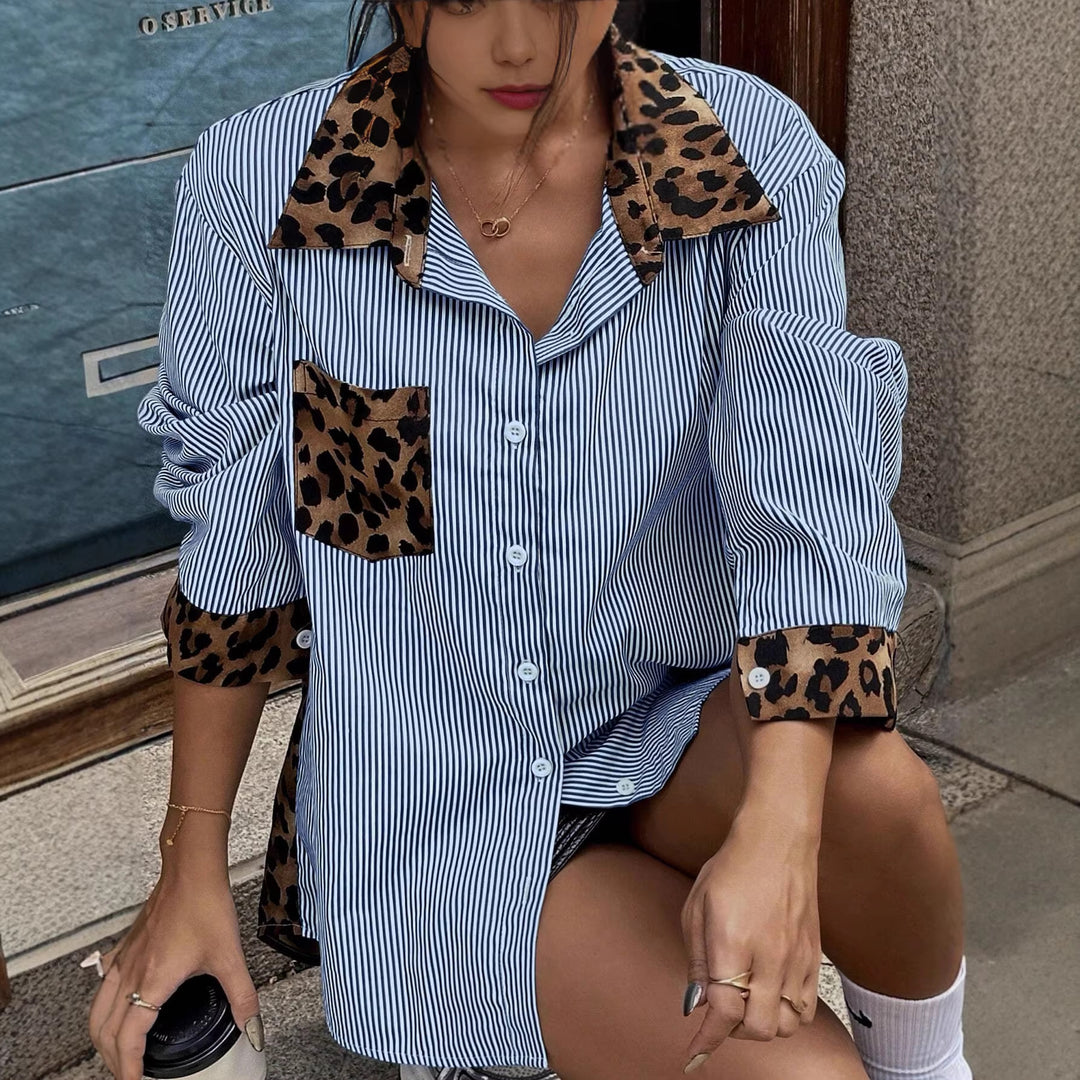 Damen Oversize-Hemdbluse mit Nadelstreifen und Leoprint-Details Shop Nory
