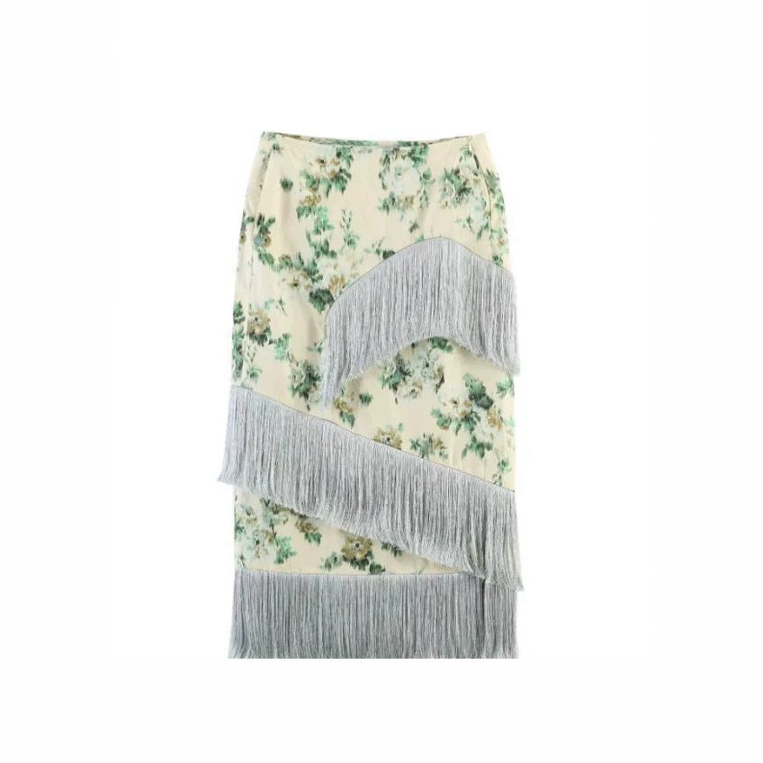 Damen Floral bedruckter Midirock mit diagonalem Fransenbesatz und schlanker Silhouette Shop Nory