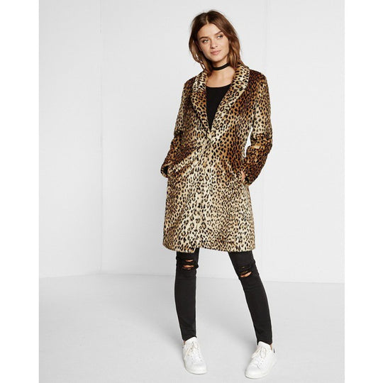 Damen Midilanger Faux‑Fur‑Mantel im Leopardenprint mit Reverskragen und Eingrifftaschen Shop Nory