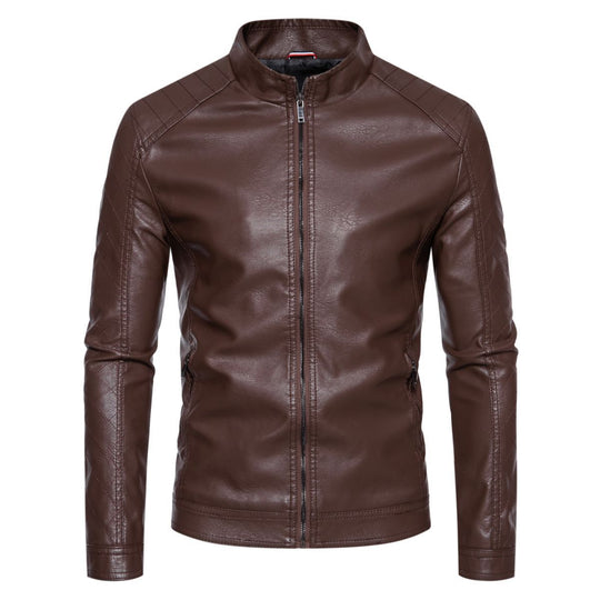 Herren taillierte Lederimitat-Bikerjacke mit Stehkragen und gesteppter Ärmeldetail Shop Nory