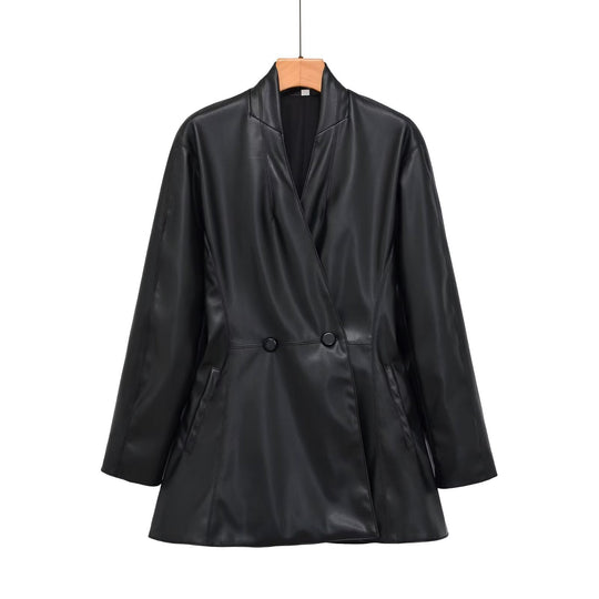Damen taillierter zweireihiger Kunstleder‑Midimantel mit Schalkragen und Pattentaschen Shop Nory