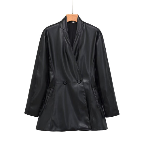 Damen taillierter zweireihiger Kunstleder‑Midimantel mit Schalkragen und Pattentaschen Shop Nory