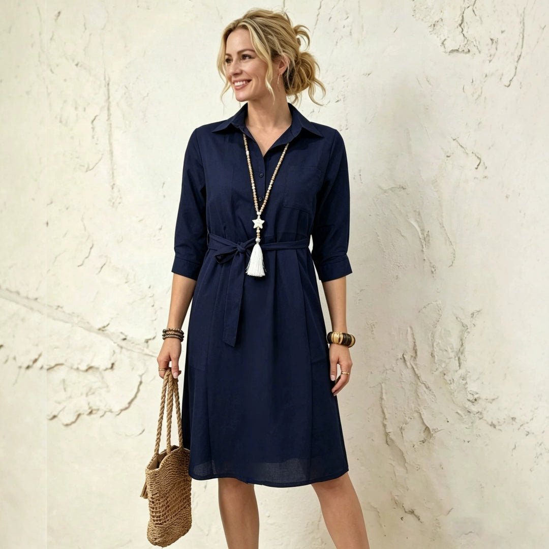 Damen Knielanges Hemdblusenkleid mit Taillengürtel und dreiviertel-Ärmeln Shop Nory
