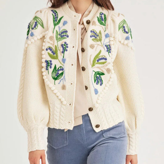 Damen Eleganter Strickpullover mit floralen Stickereien
