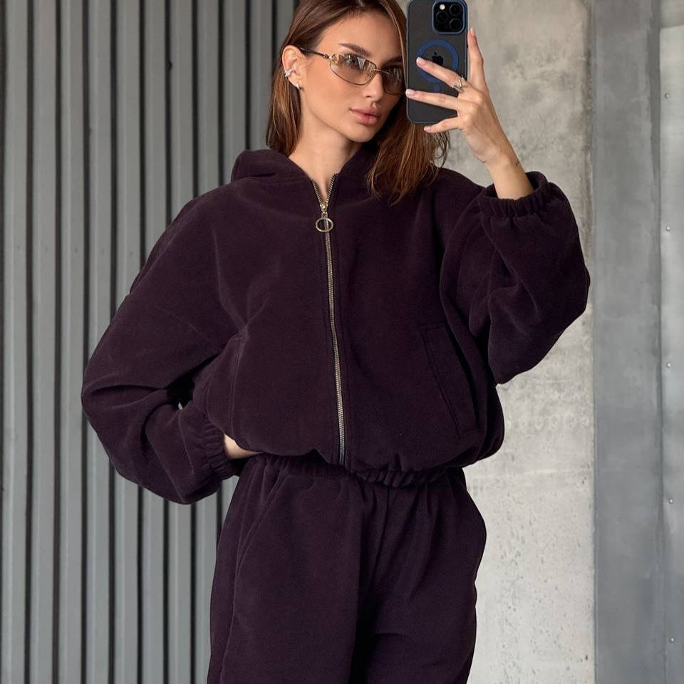 Damen Plüsch-Loungewear-Set mit Reißverschluss-Kapuzenjacke und taillenhoher Jogginghose Shop Nory