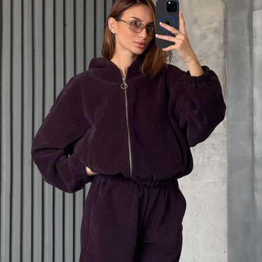 Damen Plüsch-Loungewear-Set mit Reißverschluss-Kapuzenjacke und taillenhoher Jogginghose Shop Nory