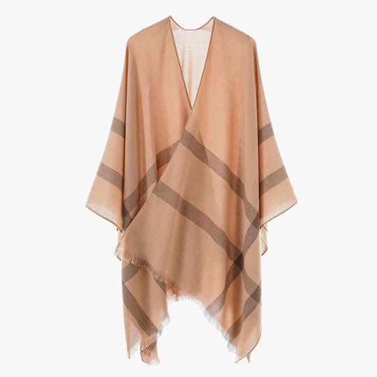 Damen Leichter V-Ausschnitt-Poncho aus feinem Gewebe mit diagonalen Kontraststreifen Shop Nory