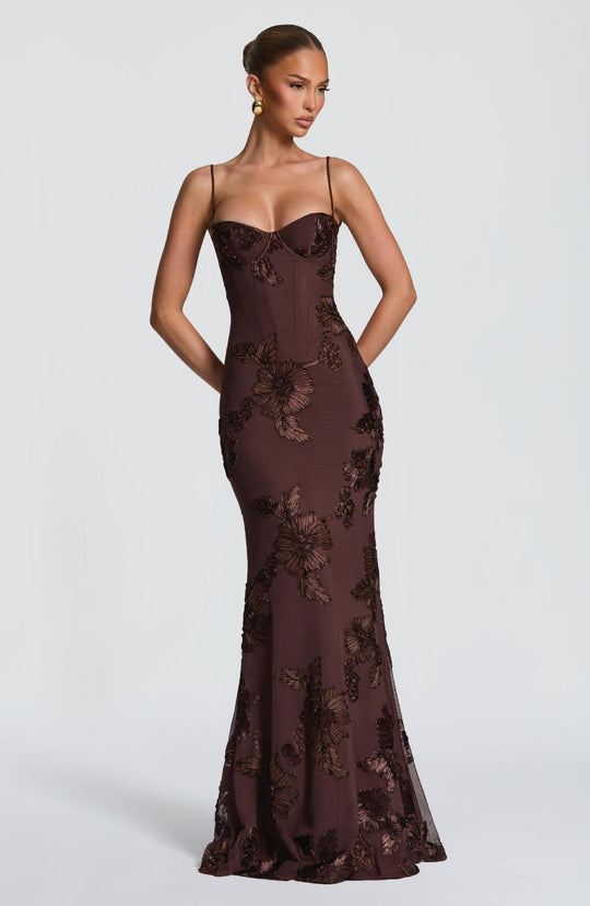 Damen figurbetontes Abendkleid mit floralem Stickdesign und hochwertigem Stoff