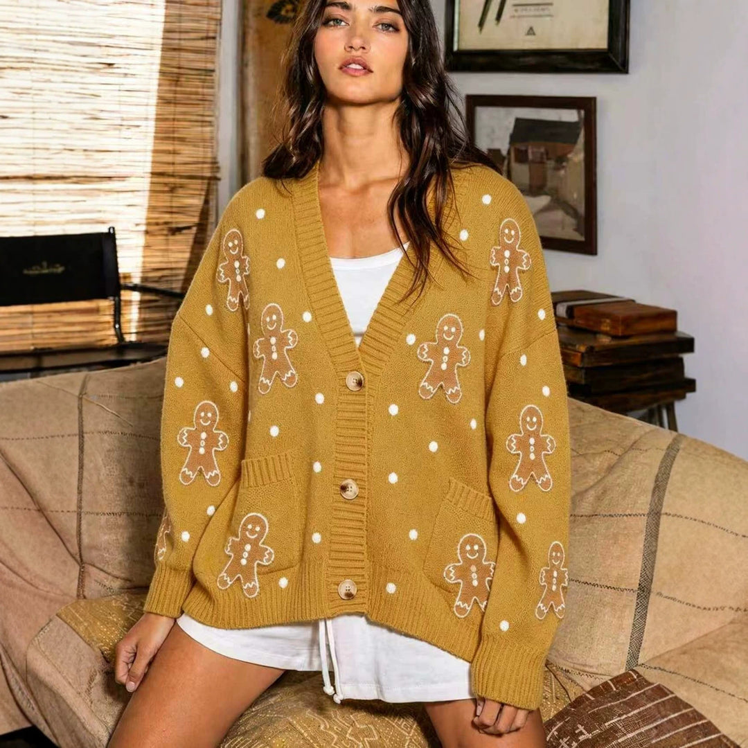 Damen oversized Strickcardigan mit Lebkuchenstickerei und tiefem V-Ausschnitt Shop Nory
