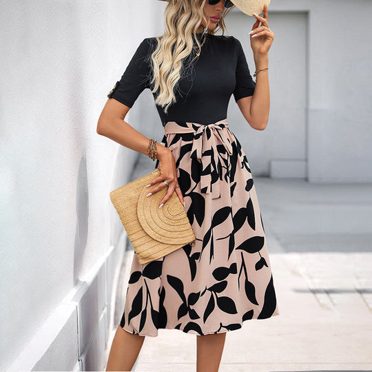 Damen Midikleid mit Elastischem Taillenbund und Elegantem Floralem Design