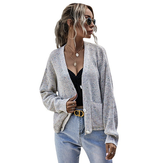 Damen Lässiger Strickcardigan mit V-Ausschnitt, Knopfleiste und Eingrifftaschen Shop Nory
