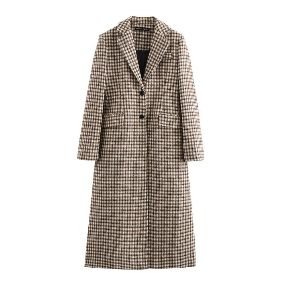 Damen Lang geschnittener Karo-Mantel aus Wollmix mit taillierter Silhouette, Reverskragen und Pattentaschen Shop Nory