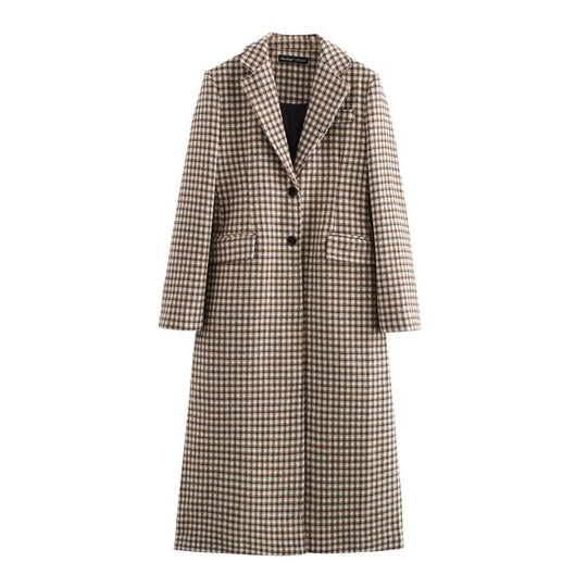 Damen Lang geschnittener Karo-Mantel aus Wollmix mit taillierter Silhouette, Reverskragen und Pattentaschen Shop Nory
