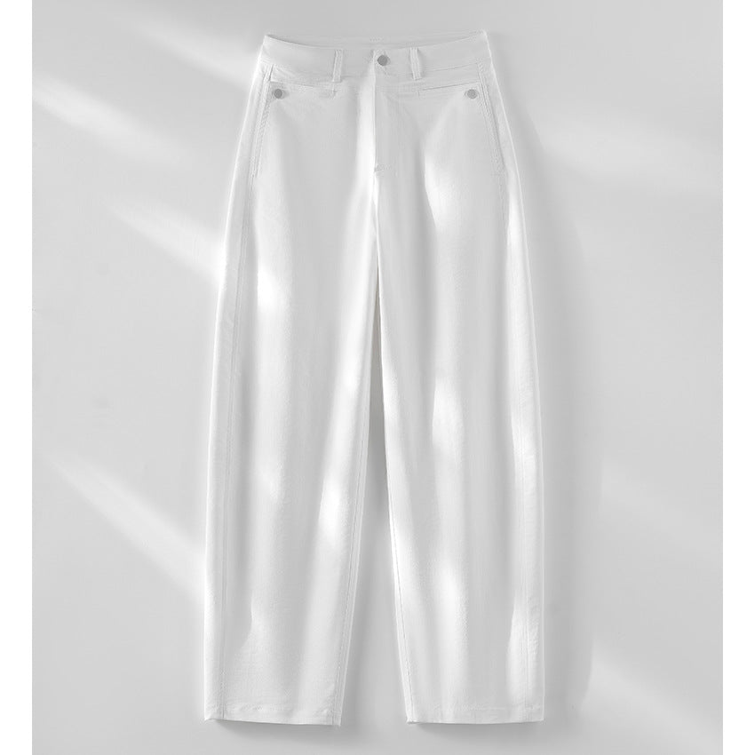 Damen hochtaillierte weite Stoffhose mit geradem Bein, Komfortbund und Eingrifftaschen Shop Nory