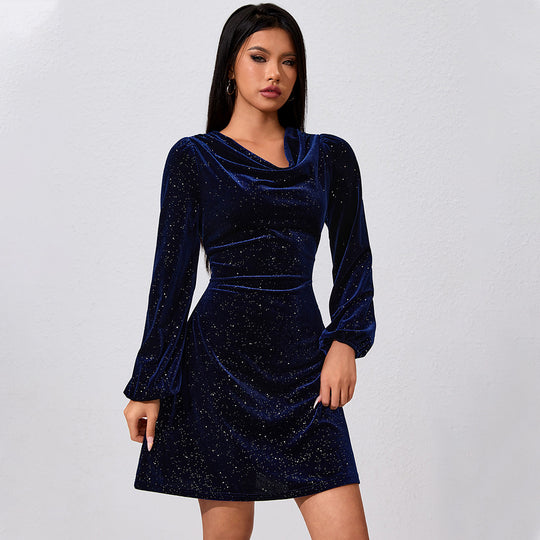 Damen samtkleid mit Wasserfallausschnitt langen Puffärmeln glitzernder Oberflächenstruktur und taillierter A-Linie Shop Nory