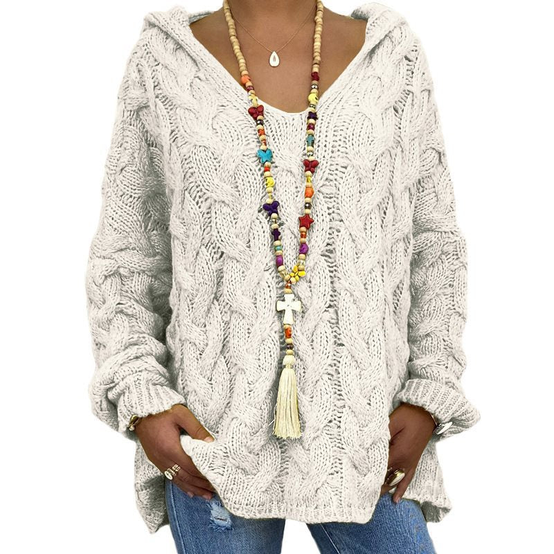 Damen Oversized Zopfmuster-Strickpullover mit Kapuze und lässigem V‑Ausschnitt Shop Nory