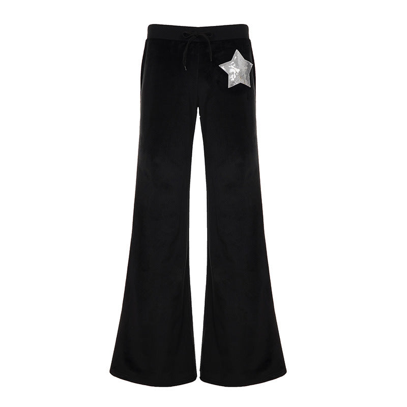 Damen nan Samt-Hose mit weitem Bein, elastischem Bund und Pailletten‑Sternapplikation Shop Nory