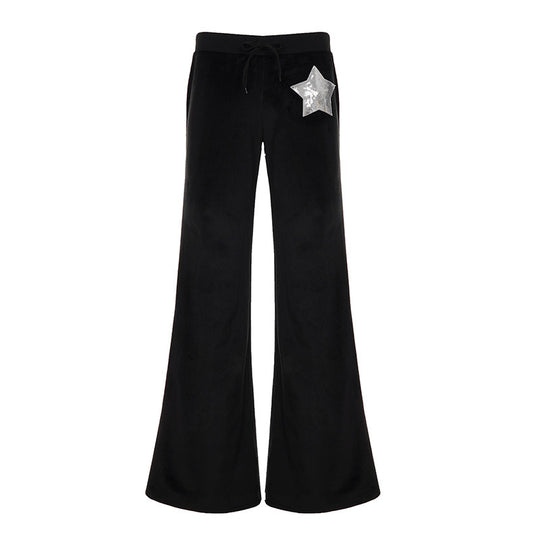 Damen nan Samt-Hose mit weitem Bein, elastischem Bund und Pailletten‑Sternapplikation Shop Nory