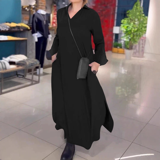 Damen Kragenblusenkleid mit V-Ausschnitt, Eingrifftaschen und seitlichen Schlitzen Shop Nory