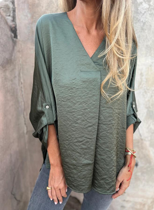 Damen Leichtes V-Ausschnitt Tunika-Bluse mit aufgekrempelten Ärmeln und lockerer Passform Shop Nory