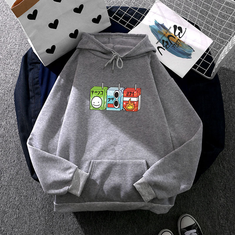 Damen nan oversized Kapuzenpullover mit Cartoon-Getränkekarton-Print, Kängurutasche und weichem Innenfutter Shop Nory
