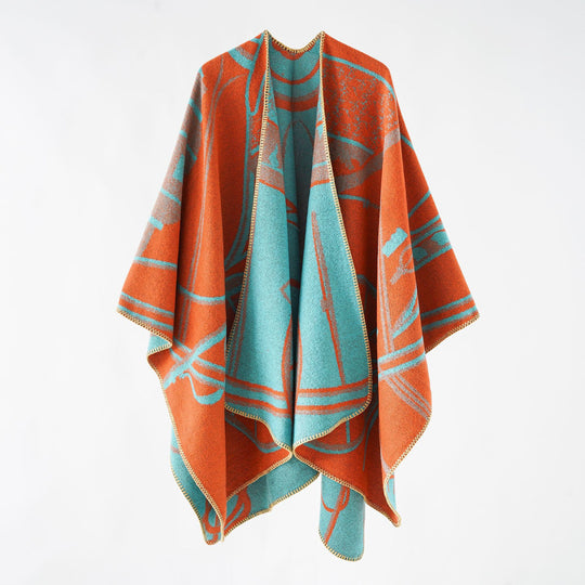 Damen Wollmix-Reversible Cape mit grafischem Jacquard und offenem Kimonofall Shop Nory