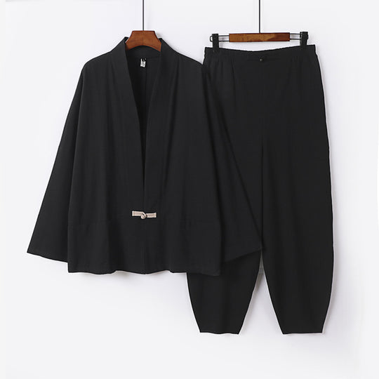 Herren Zen-Relax-Set mit offener Kimono-Jacke, dekorativem Knebelverschluss und tapered Harem-Joggpants Shop Nory