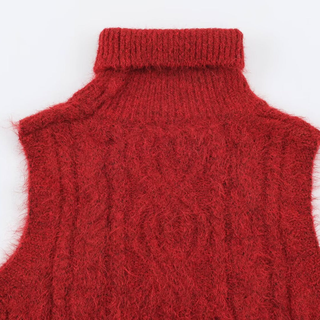 Damen Ärmellose Zopfstrick-Weste mit Rollkragen und Bindegürtel Shop Nory