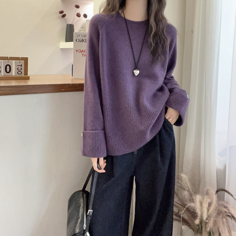 Damen Oversize‑Feinstrickpullover mit breitem Rippbund, extraweiten Ärmelabschlüssen und Zierknopf Shop Nory