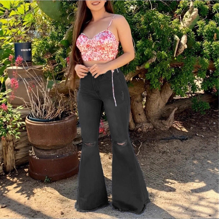 Damen Hochtaillierte Schlaghose-Jeans mit ausgestelltem Bein, Knie-Rissen und figurformendem Stretchbund Shop Nory