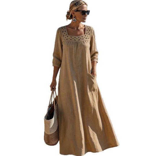 Damen Maxikleid mit gehäkeltem Quadrat-Ausschnitt, dreiviertel Ärmeln und Eingrifftasche Shop Nory