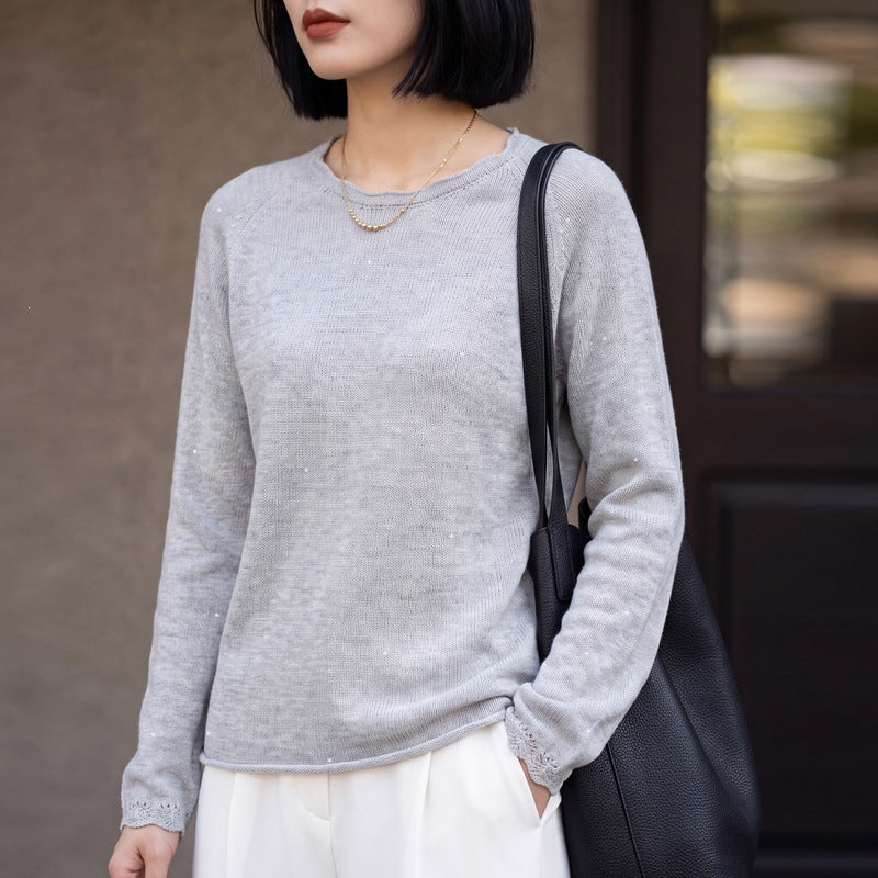 Damen leichter Feinstrickpullover mit dezenter Glitzeroptik und Raglanärmeln Shop Nory