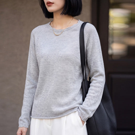 Damen leichter Feinstrickpullover mit dezenter Glitzeroptik und Raglanärmeln Shop Nory