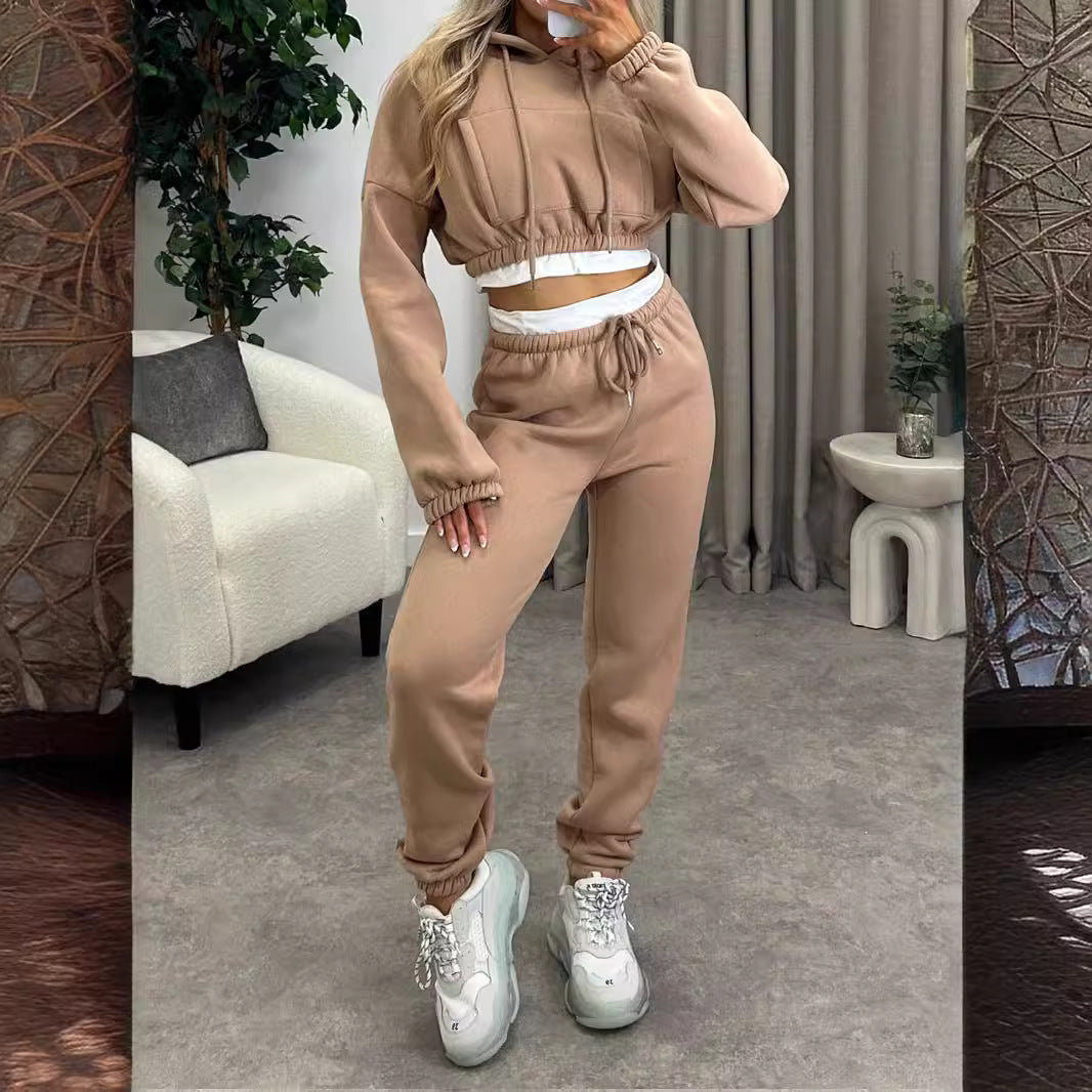 Damen Kurzschnitt-Kapuzenpullover und Hochtaillierte Jogginghose Set Shop Nory