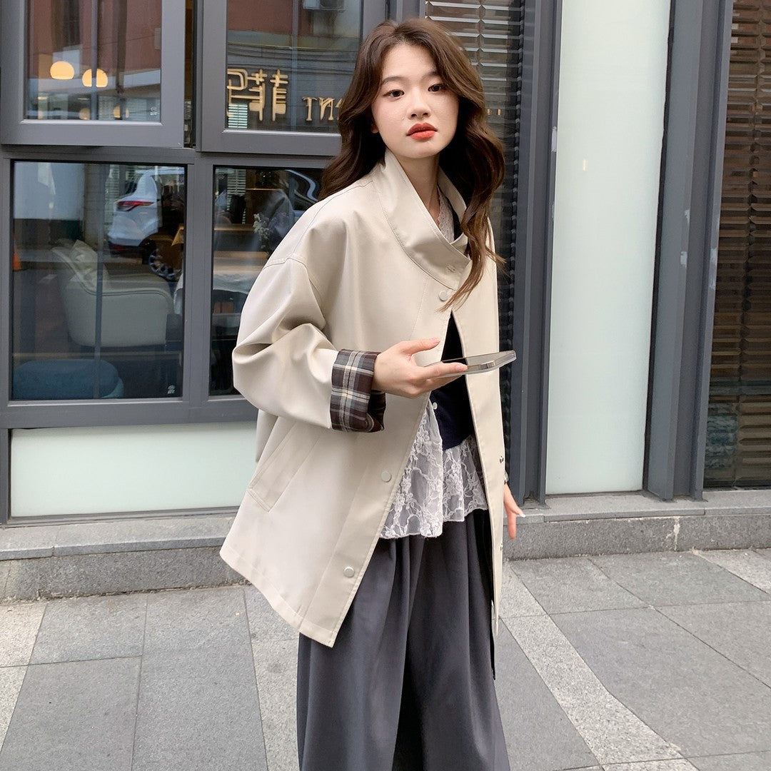Damen Oversized Kurzmantel mit Stehkragen und kariertem Ärmelfutter Shop Nory