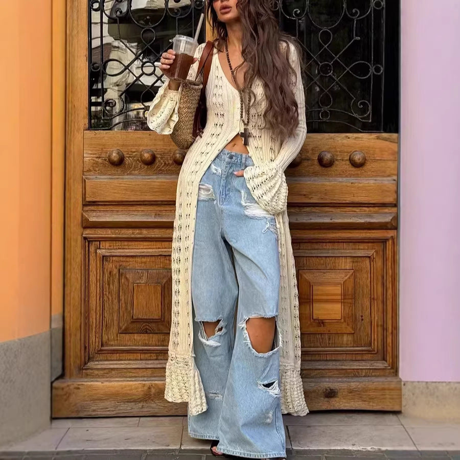 Damen Langer Häkelstrick-Cardigan mit Glockenärmeln und Offener Front Shop Nory