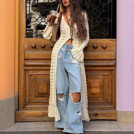 Damen Langer Häkelstrick-Cardigan mit Glockenärmeln und Offener Front Shop Nory