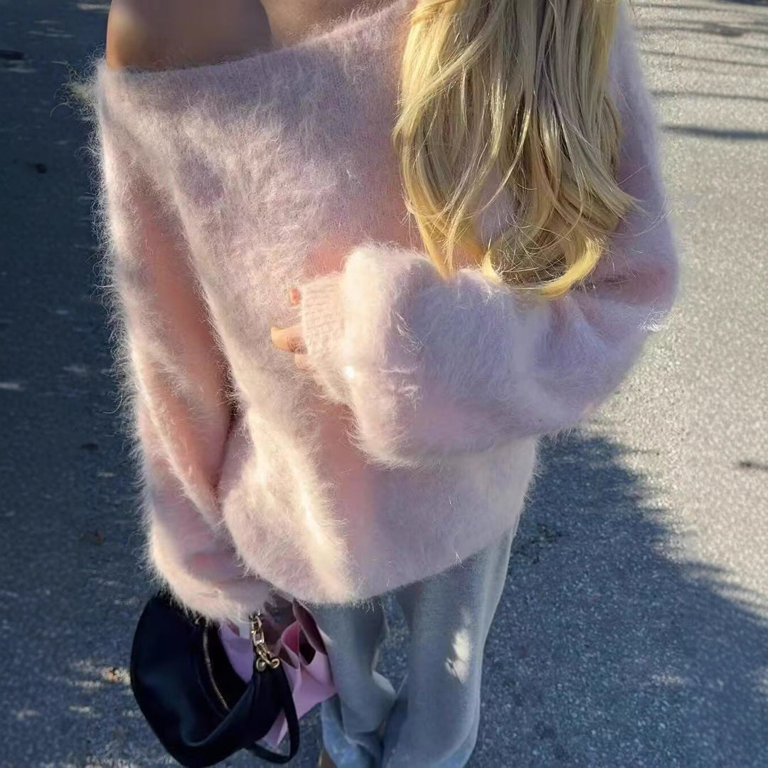 Damen Oversized Strickpullover mit weitem Boatneck, Raglanärmeln und weicher Fluffy-Optik Shop Nory