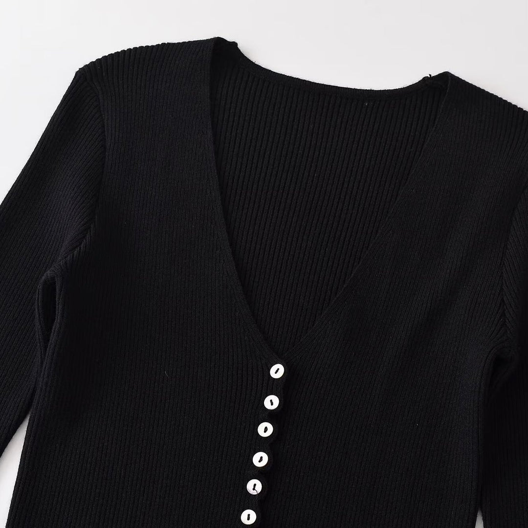 Damen Gerippter Knopfcardigan mit tiefem V-Ausschnitt und Wellensaum Shop Nory