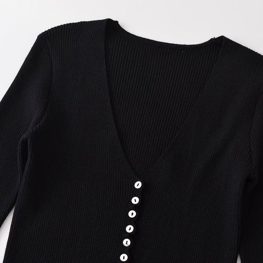 Damen Gerippter Knopfcardigan mit tiefem V-Ausschnitt und Wellensaum Shop Nory