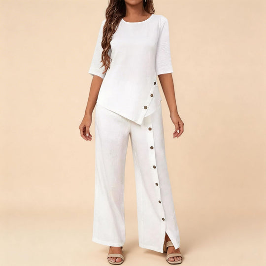 Damen asymmetrisches zweiteiliges Lounge-Set mit 3/4-Ärmeln und seitlicher Knopfverzierung Shop Nory