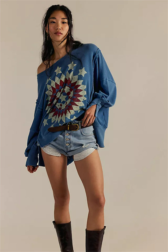 Damen oversized Sweatshirt mit Rüben-Print, ausgefransten Nahtakzenten und Daumenlochärmeln Shop Nory