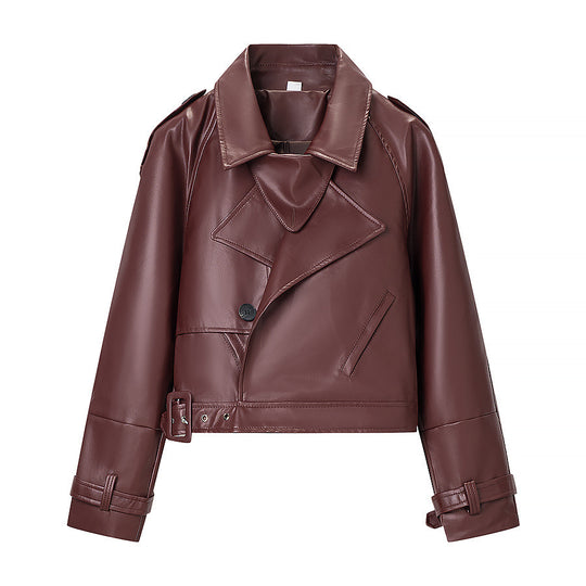 Damen Kurz geschnittene Bikerjacke aus Lederoptik mit asymmetrischer Reversklappe und Taillenriegel Shop Nory