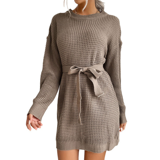 Damen Feines Waffelstrick-Minikleid mit Bindegürtel und überschnittenen Ärmeln Shop Nory
