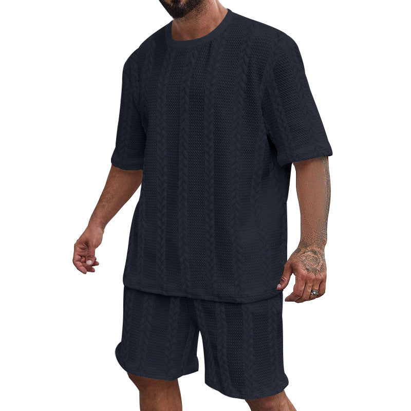 Herren nan entspanntes Zopfstrick-Freizeitset mit weitem Kurzarmshirt und elastischer Bermuda