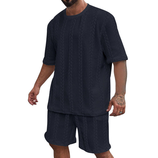 Herren nan entspanntes Zopfstrick-Freizeitset mit weitem Kurzarmshirt und elastischer Bermuda