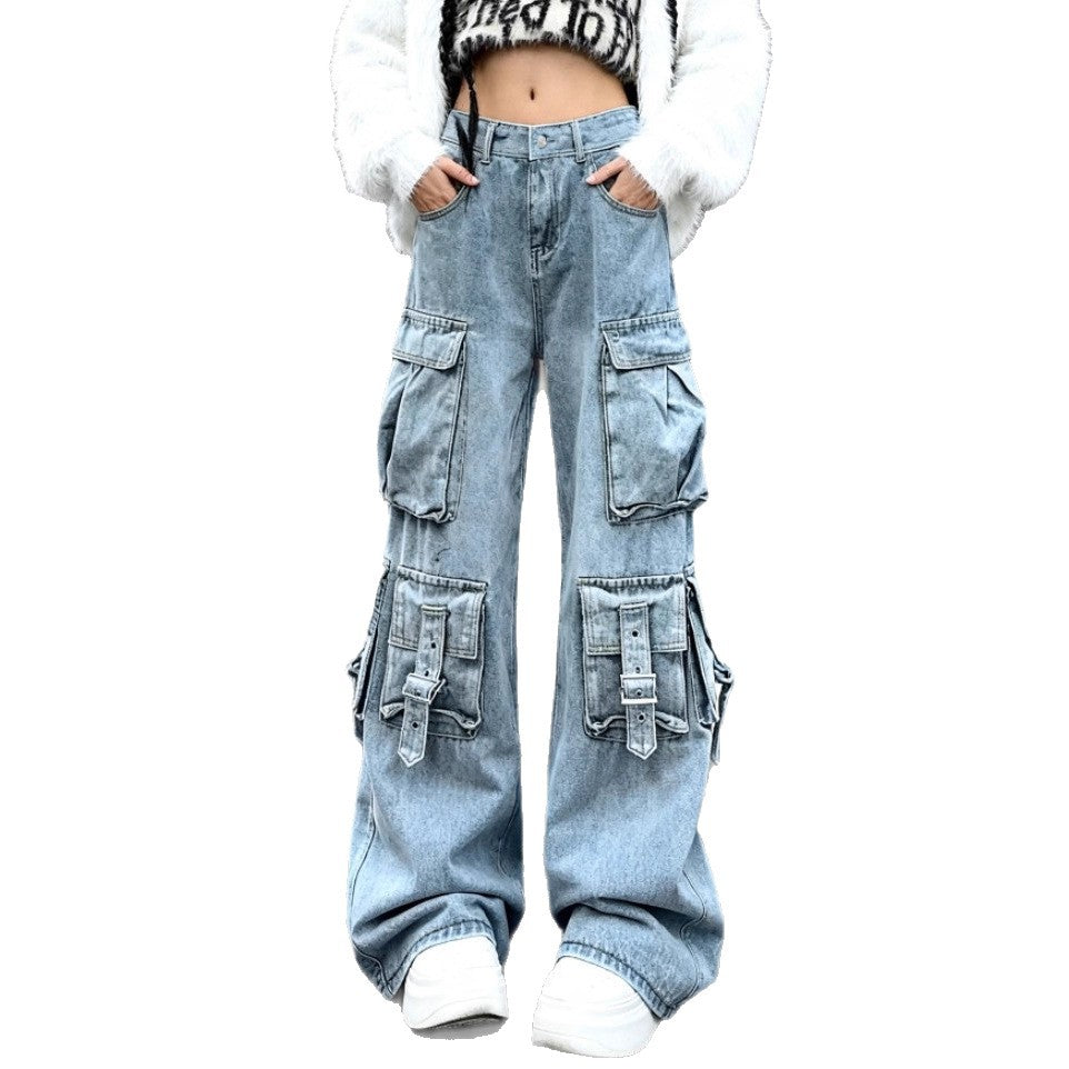 Damen Weite Cargo-Jeanshose mit mehreren aufgesetzten Taschen und Utility-Details Shop Nory