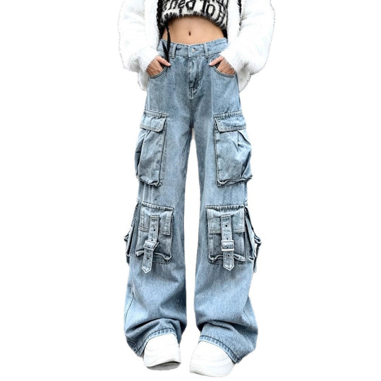 Damen Weite Cargo-Jeanshose mit mehreren aufgesetzten Taschen und Utility-Details Shop Nory